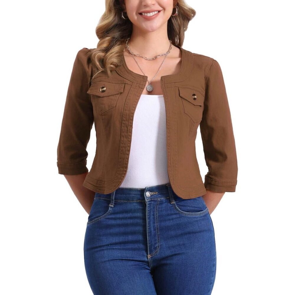 Women's Jean Jacket Slim Fit Casual Denim Jacket 3/4 Sleeves Outwear Brown